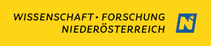 Auf gelbem Hintergrund wird der Text 'Wissenschaft Forschung Niederösterreich' angezeigt. Daneben ist das Logo von Land Niederösterreich: Ein gelbes N auf blauem Hintergrund.